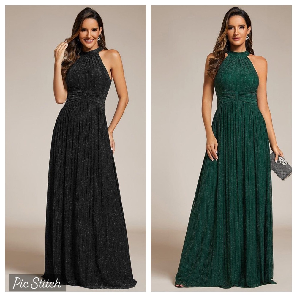 Halter Neck Pleated Glittery Formal Evening Dress with Empire Waist